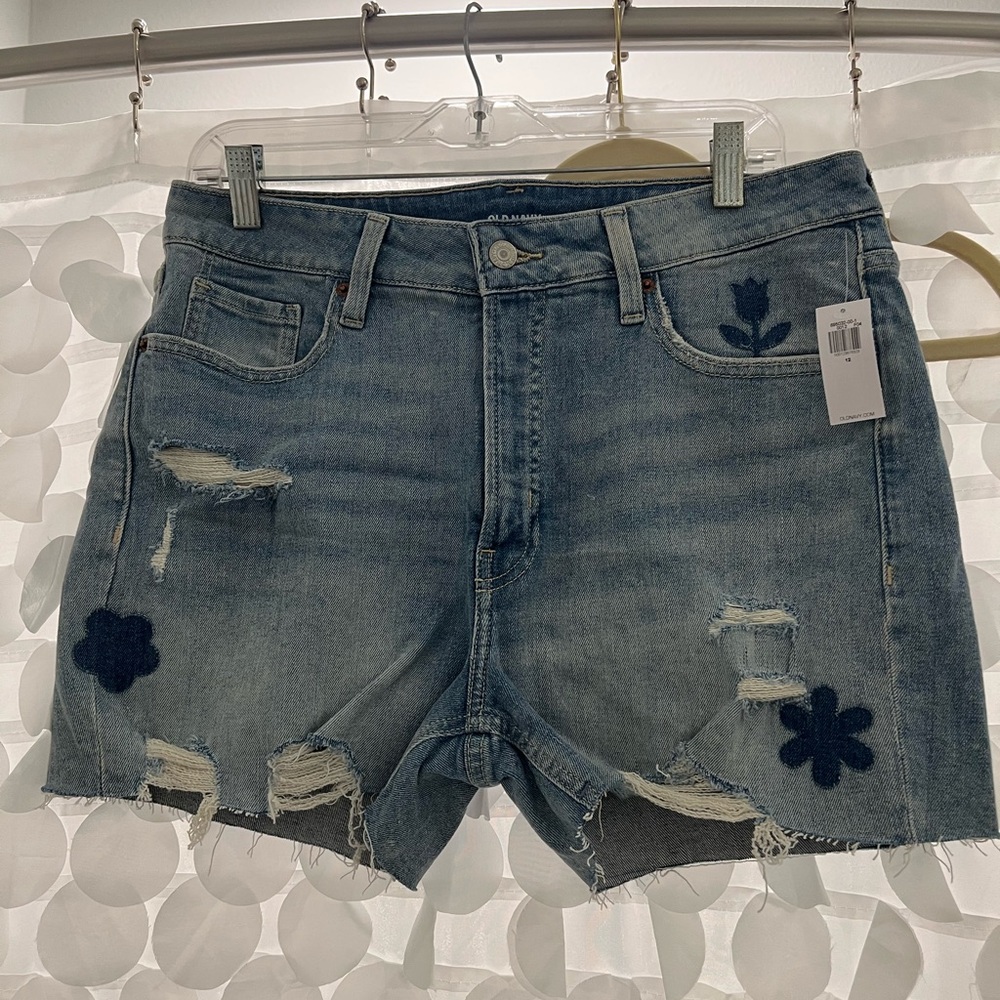 Old Navy Blue Distressed Floral Jean Shorts, high rise, 3” inseam
